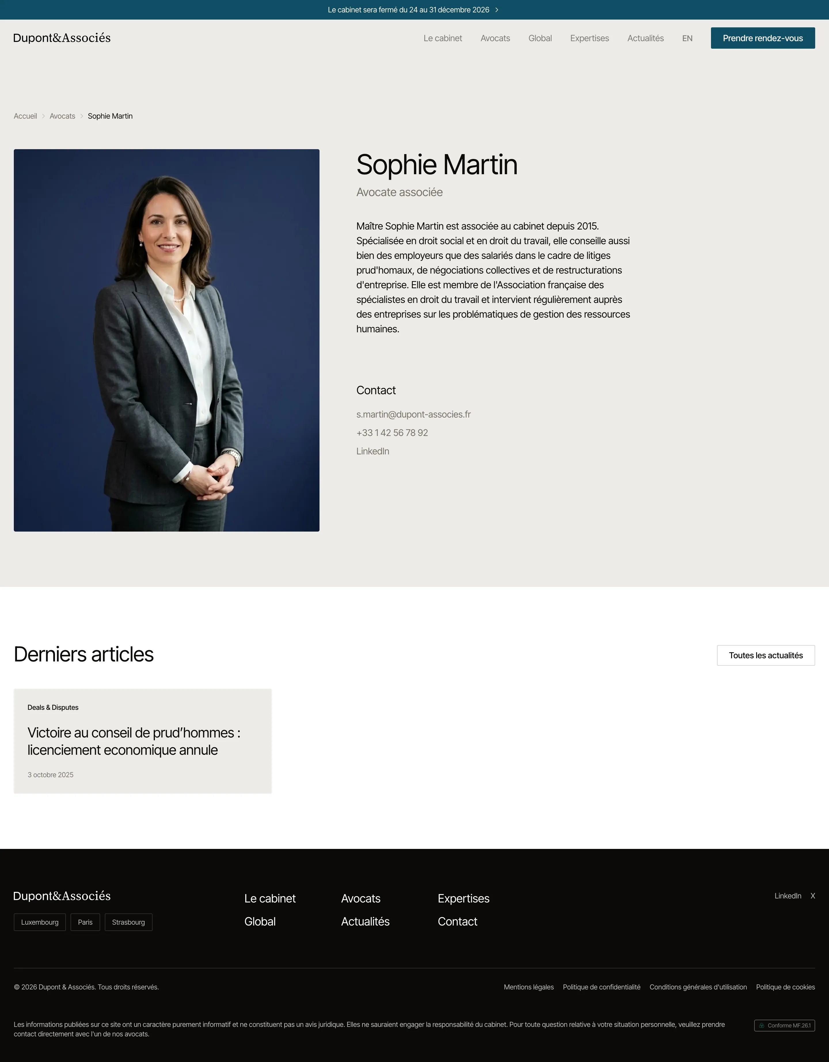 Capture d'écran de la page d'un associé d'un site de cabinet d'avocats