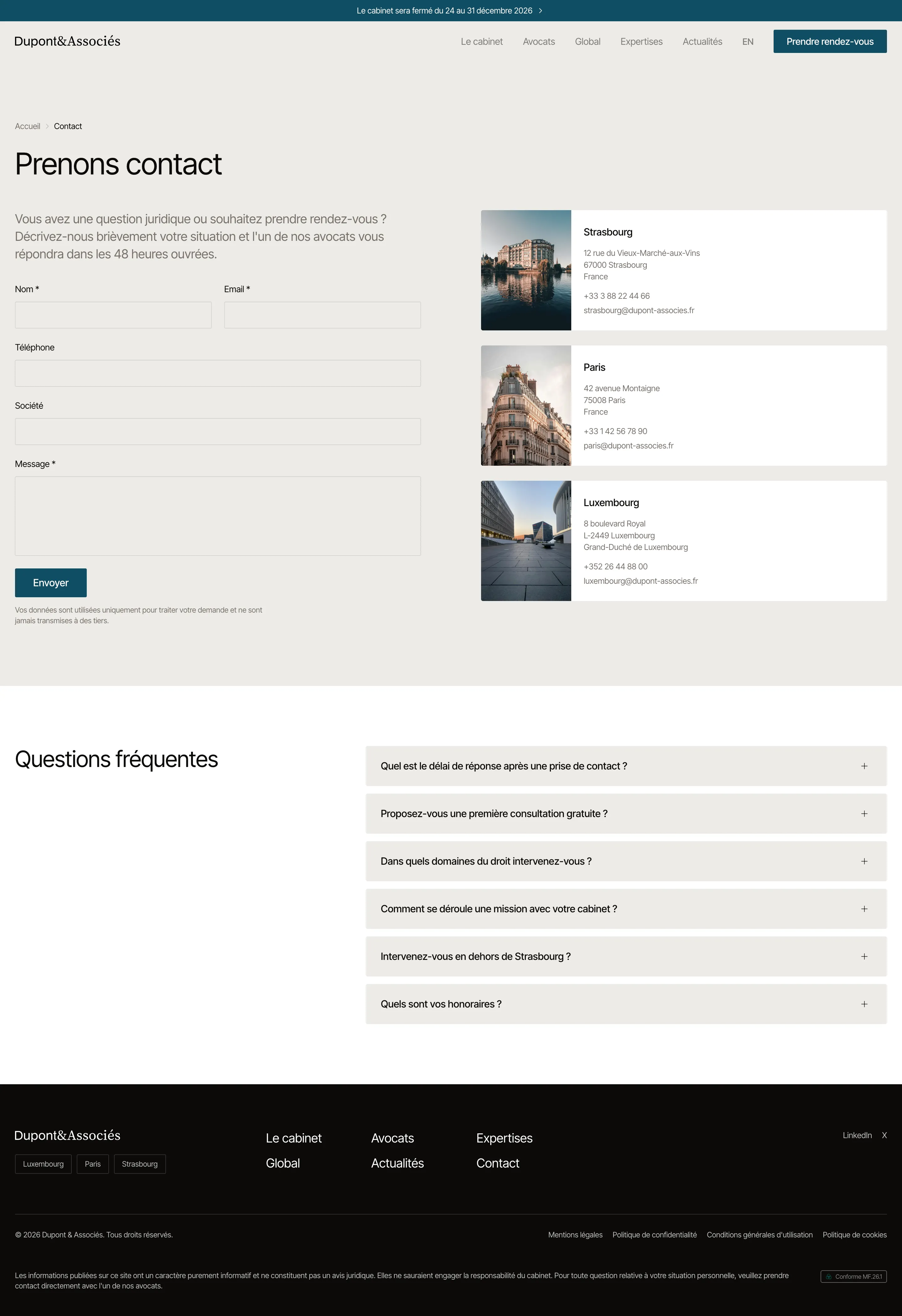 Capture d'écran de la page de contact d'un site de cabinet d'avocats