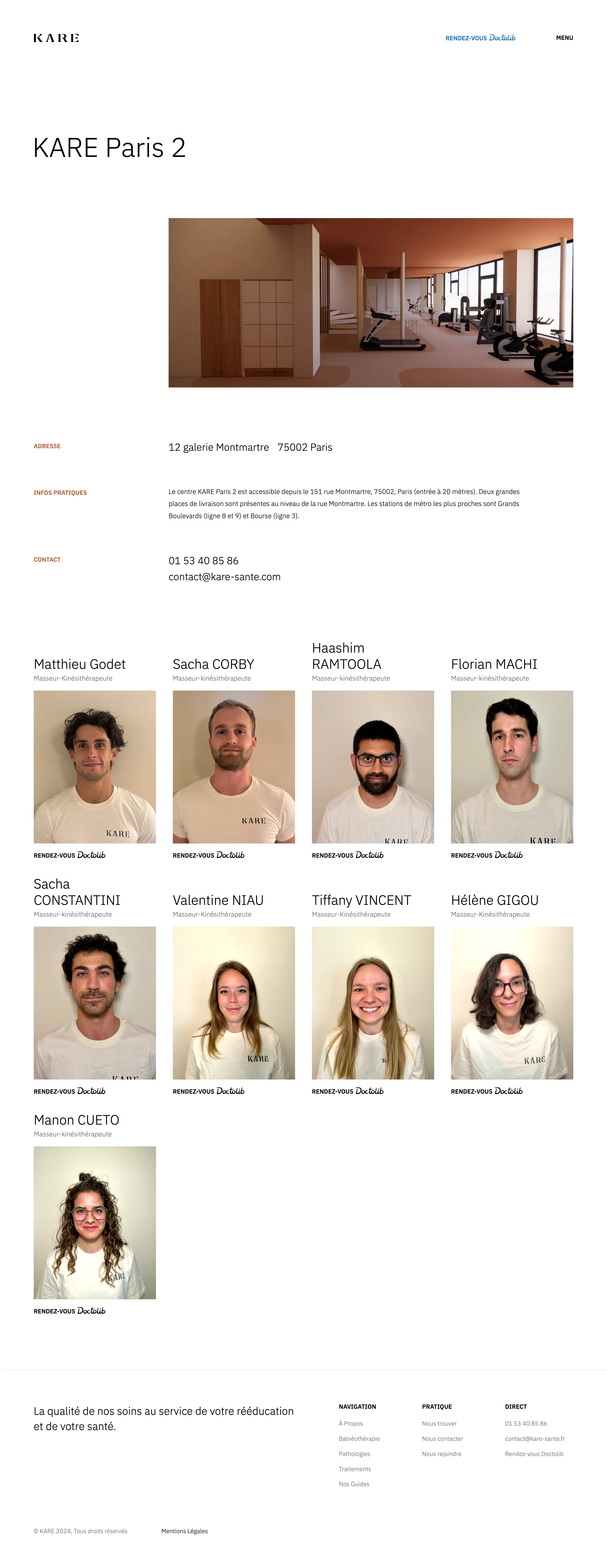 Capture d'écran de toute la page internet dédiée au lieu et à l'équipe de KARE Paris