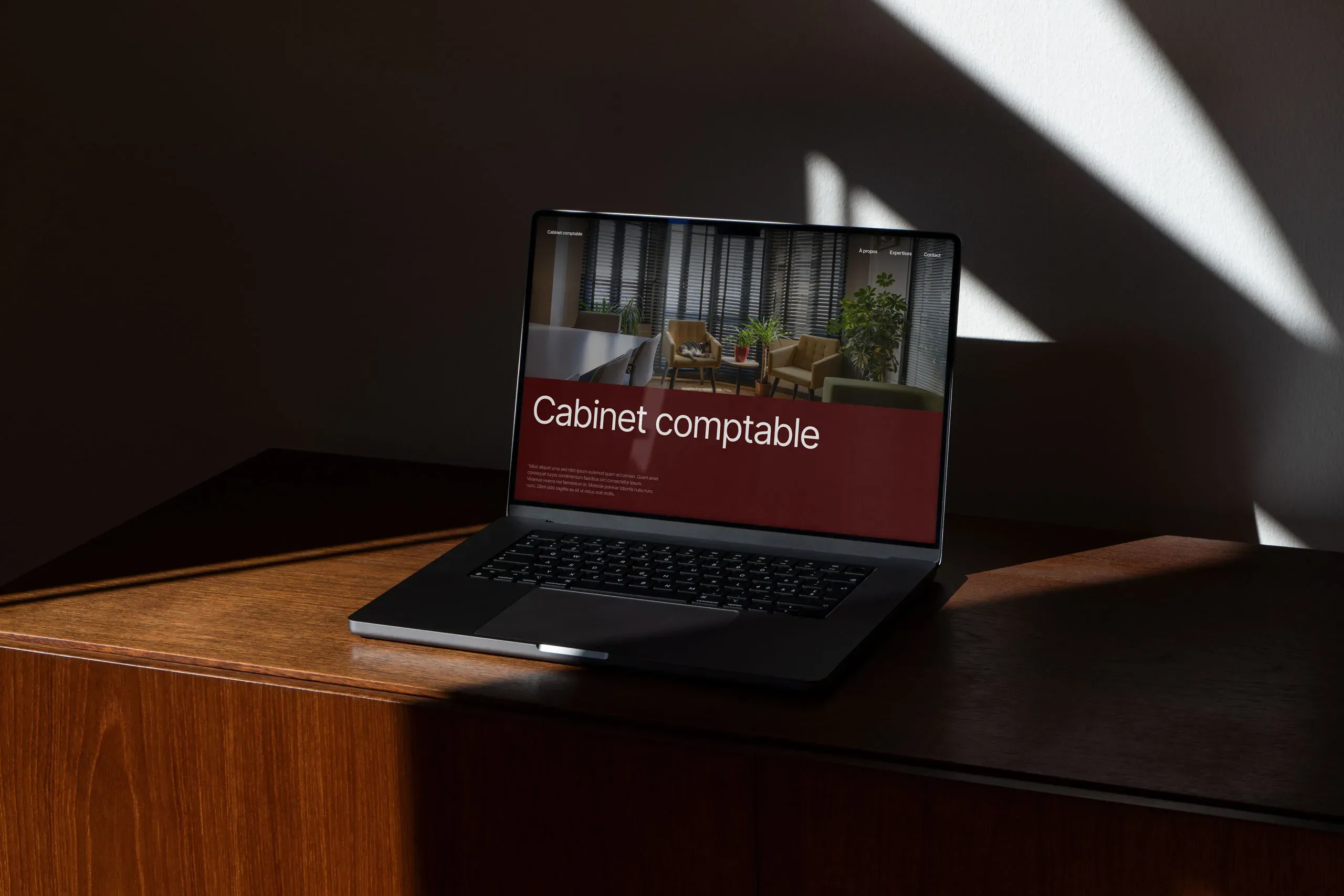 Un ordinateur portable posé sur un meuble en bois élégant qui affiche un site internet pour experts-comptables