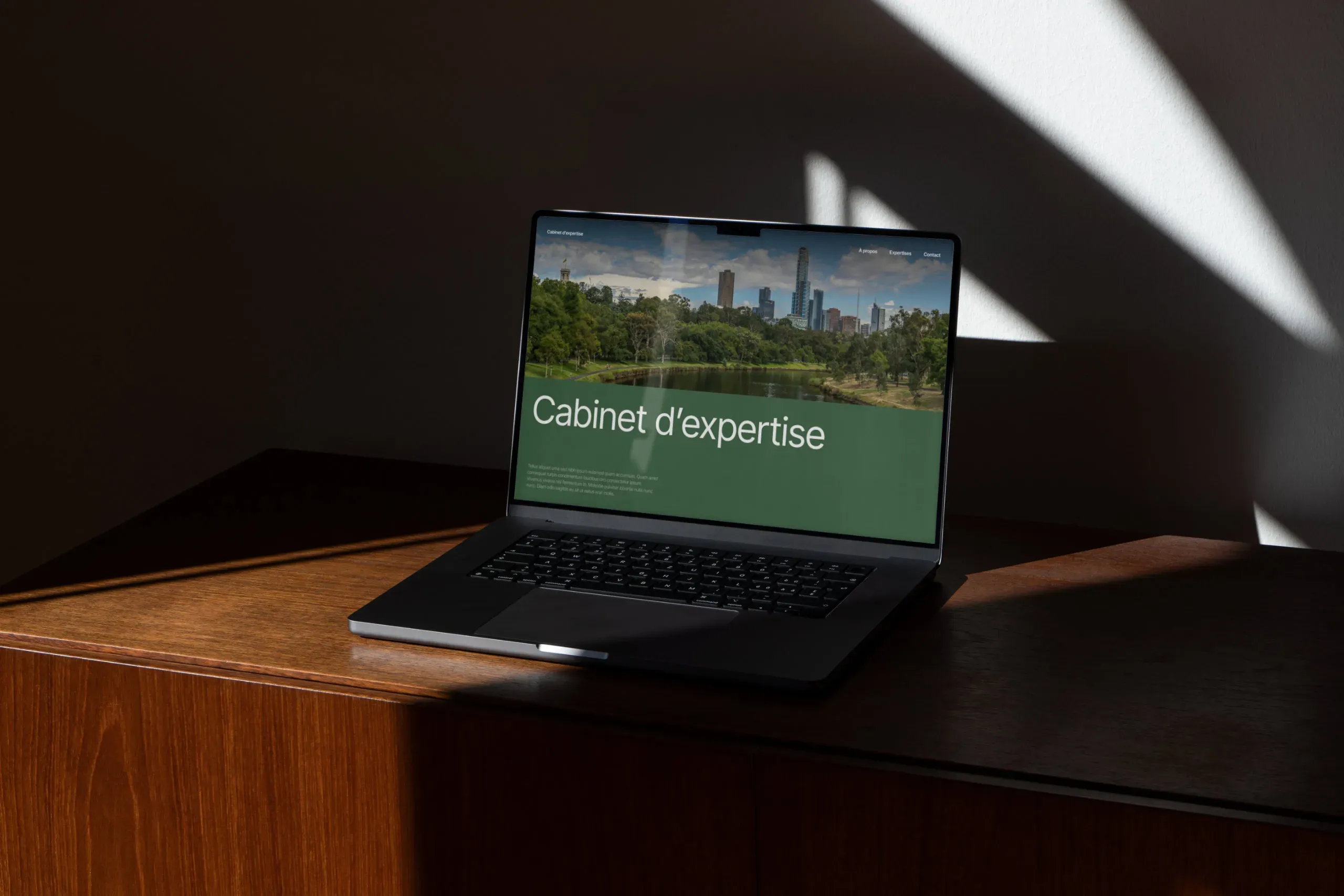 Un ordinateur portable posé sur un meuble en bois élégant qui affiche un site internet pour les professions d'expertise